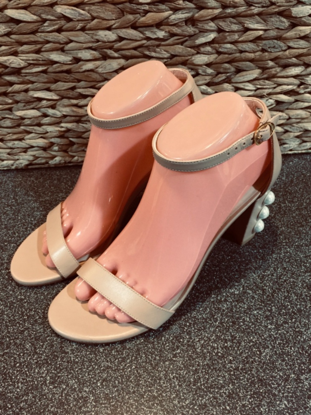 Stuart Weitzman Nude Beige Pearl-Embellished Block Heel Sandals - Picture 9 of 15